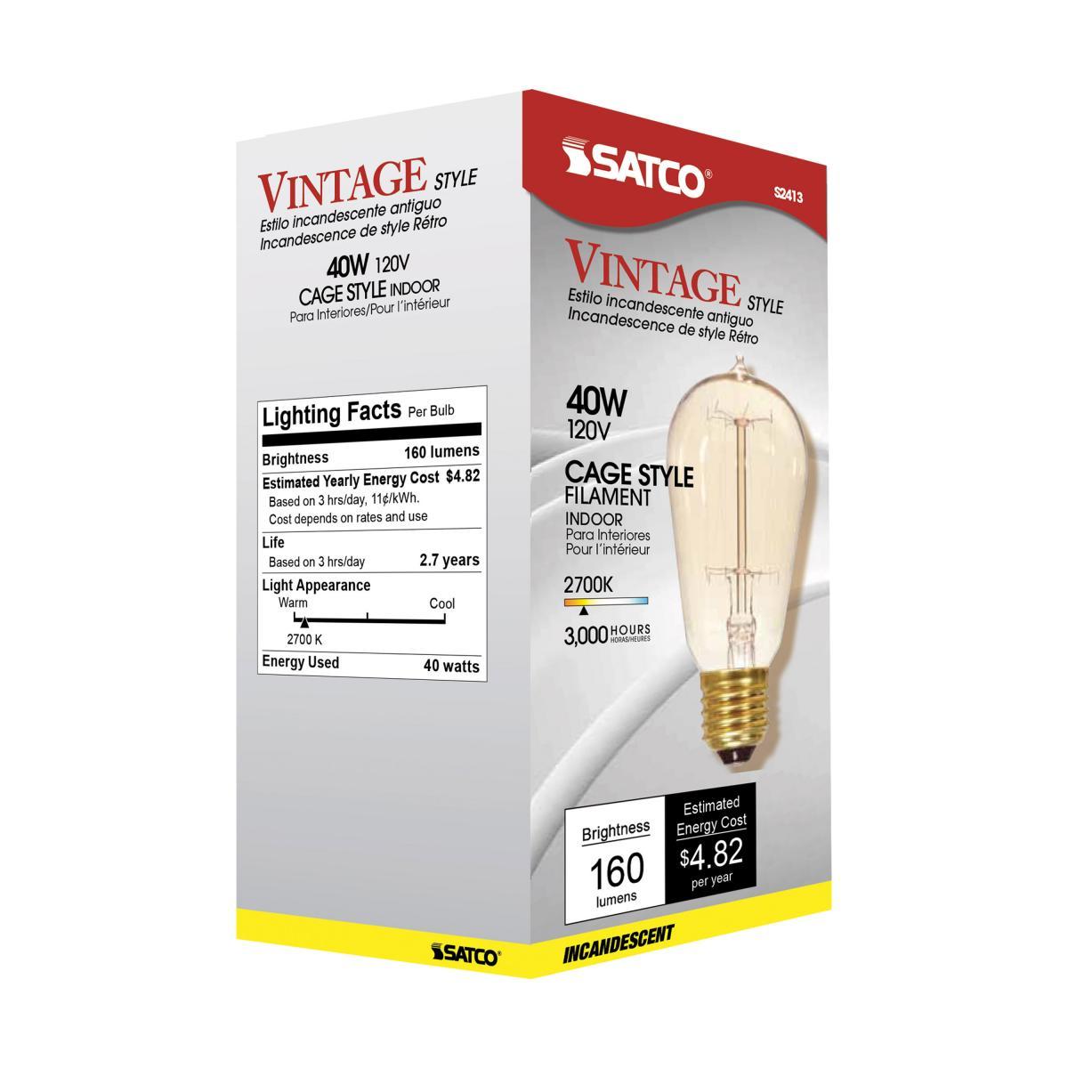 Light Bulb 40 Watt ST19 Incandescent, Edison Style; Filament - Cage Style; Clear; CCT (Kelvin) - 2700K; 160 Lumens; Medium base; 120 Volt
