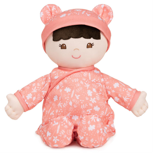 Plush Baby Doll Sustainable Hibiscus Dressed In A Peach Onesie