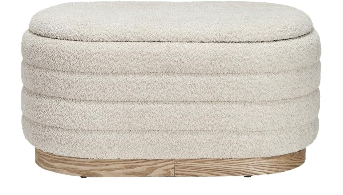 Ottoman Upholstered with Storage Wood Base - Cream - Small