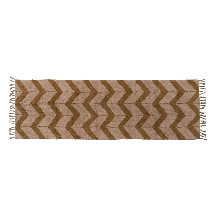 Rug Runner Cotton Tufted with Chevron Pattern and Fringe Tan & Brown