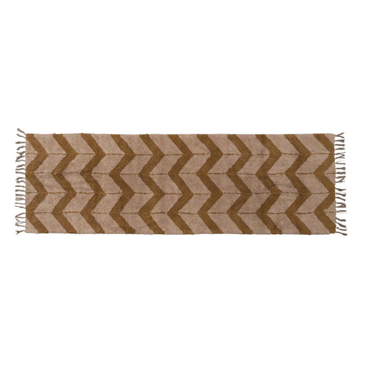 Rug Runner Cotton Tufted with Chevron Pattern and Fringe Tan & Brown