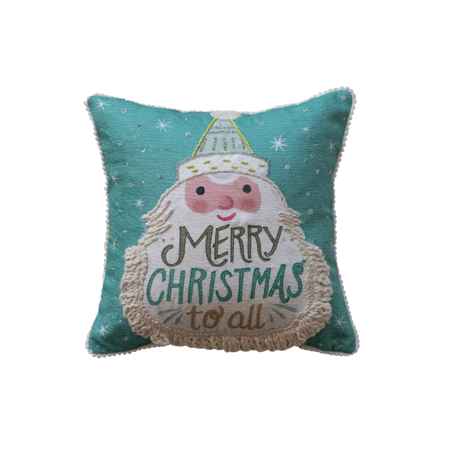 Pillow Holiday Pom Pom Trim Printed Santa Turquoise & Gold 12" Square