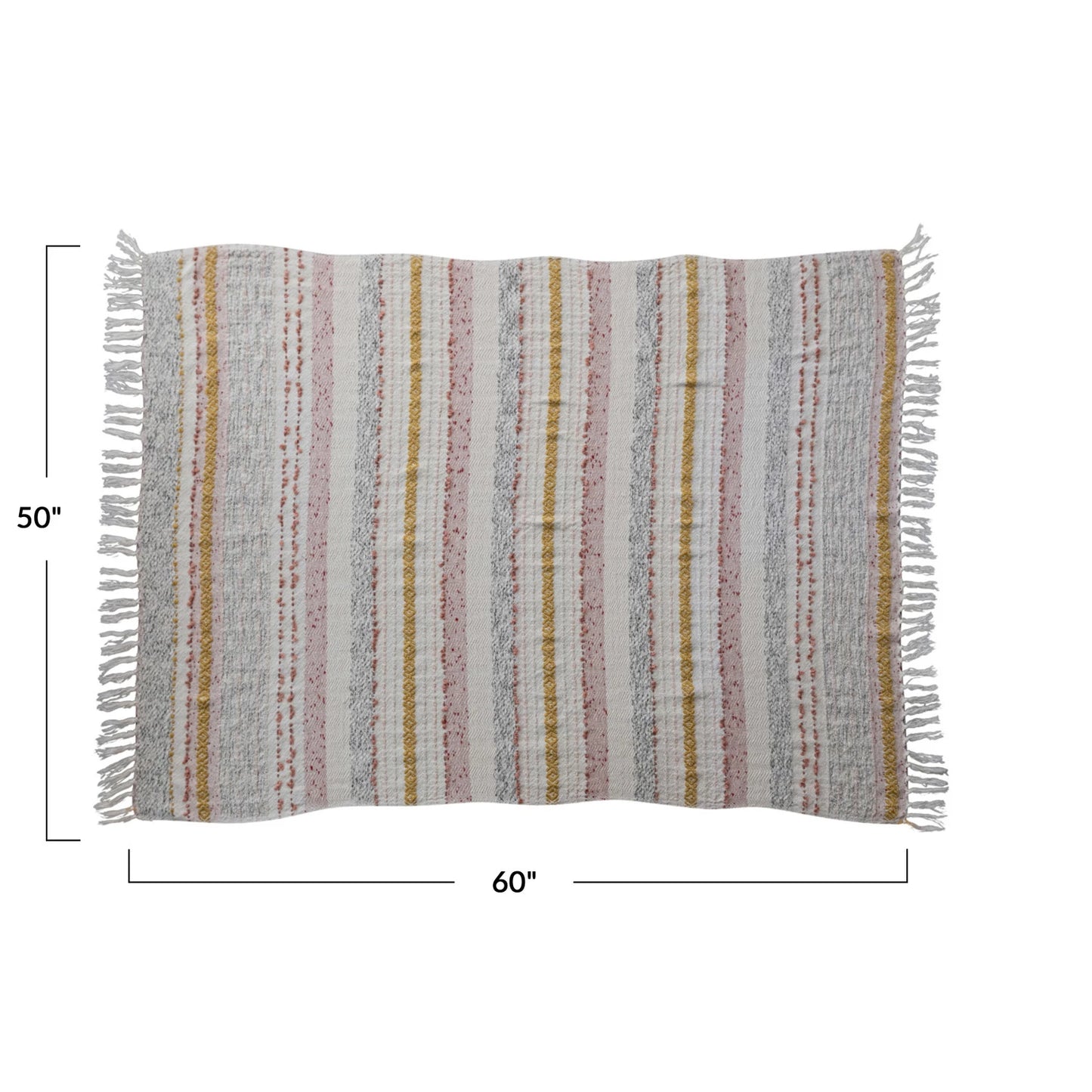 Throw Blanket Cotton Stripes, Embroidered with Fringe Pink, White, Gold