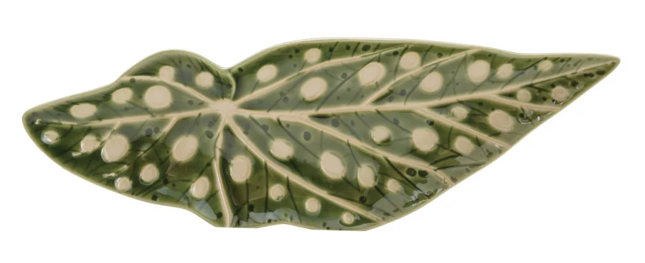 Decorative Plate Stoneware Leaf Shaped Green & White 12"l x 4"w