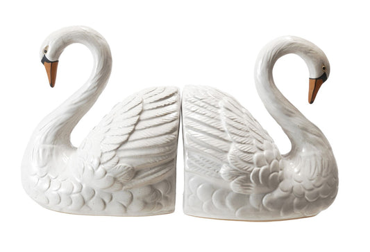 Bookends Stoneware Swan Shaped White, Orange & Black (Sold as Pair)