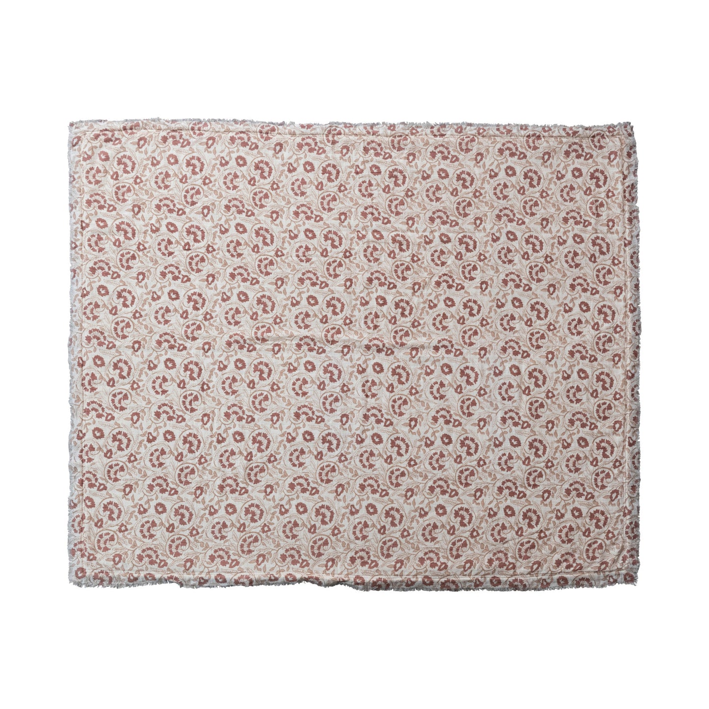 Throw Blanket Sherpa Back Rose & Tan Pattern Front with Raw Edge Fringe