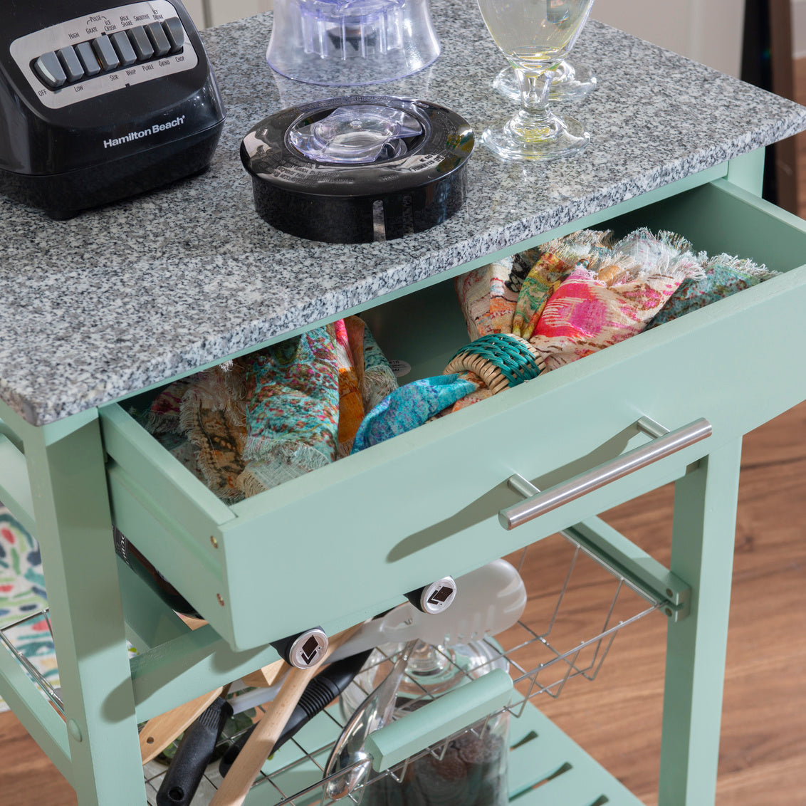 Zoey Kitchen Cart Granite Top Green Base