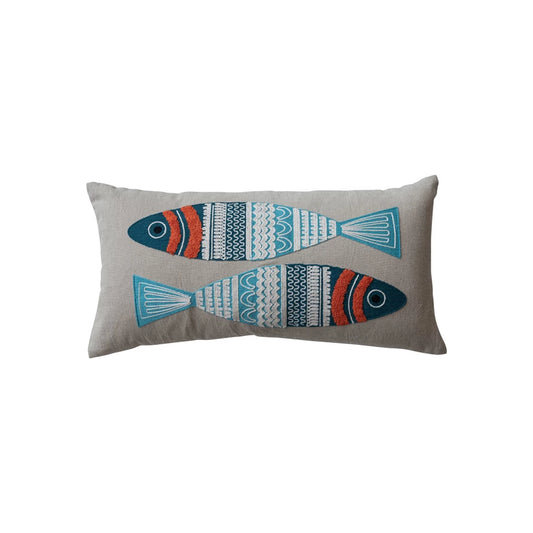 Throw Pillow Lumbar Cotton Chambray With Appliqued & Embroidered Fish