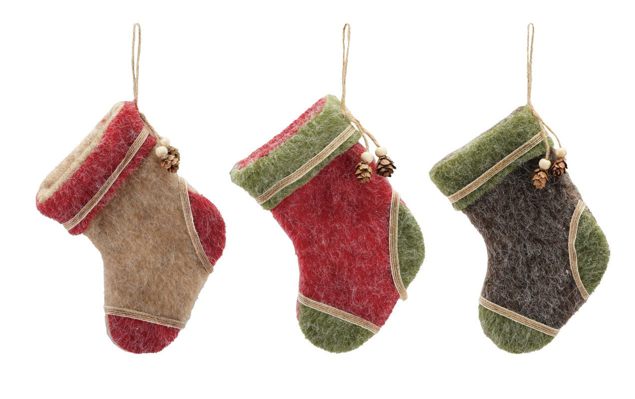 Ornament - Polyester Felt - Stocking with Pinecone - 6.25"h