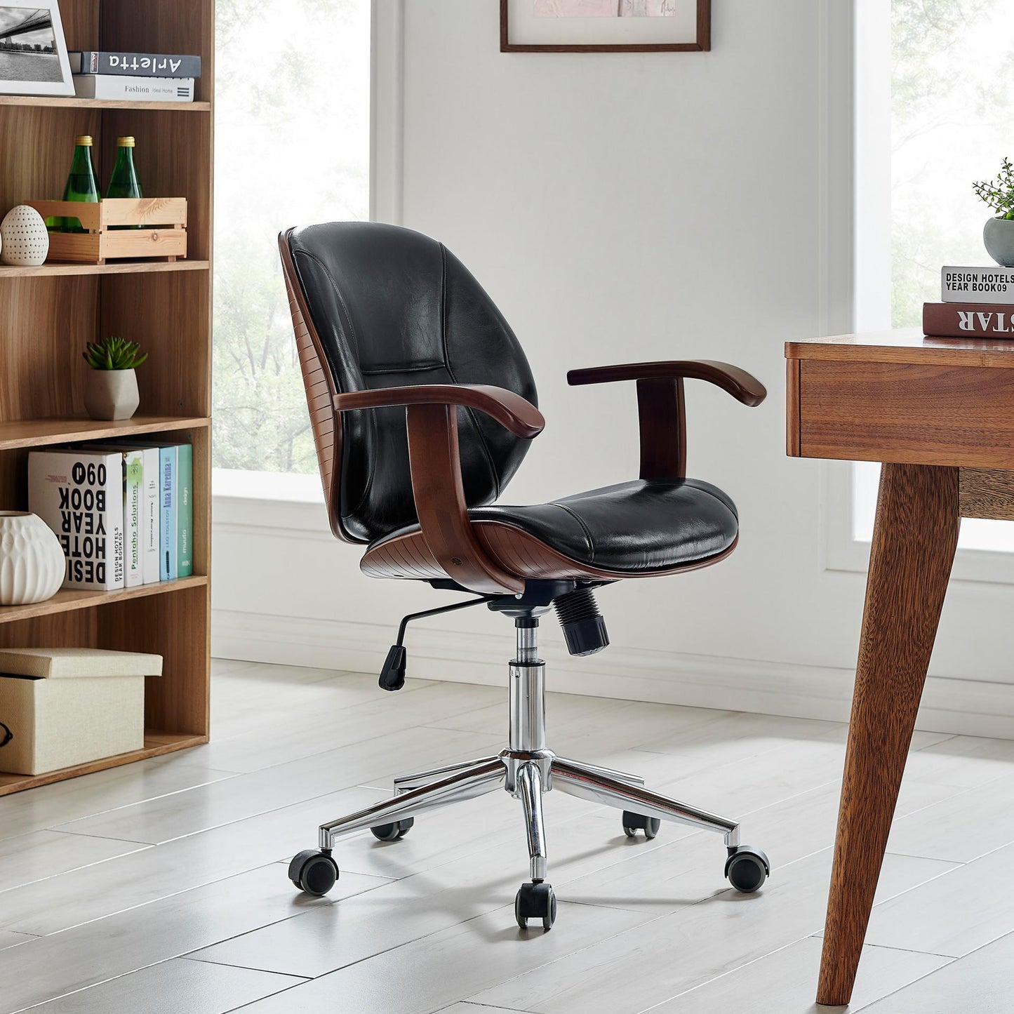 Samuel Office Chair Bamboo and Leather With Armrests Black