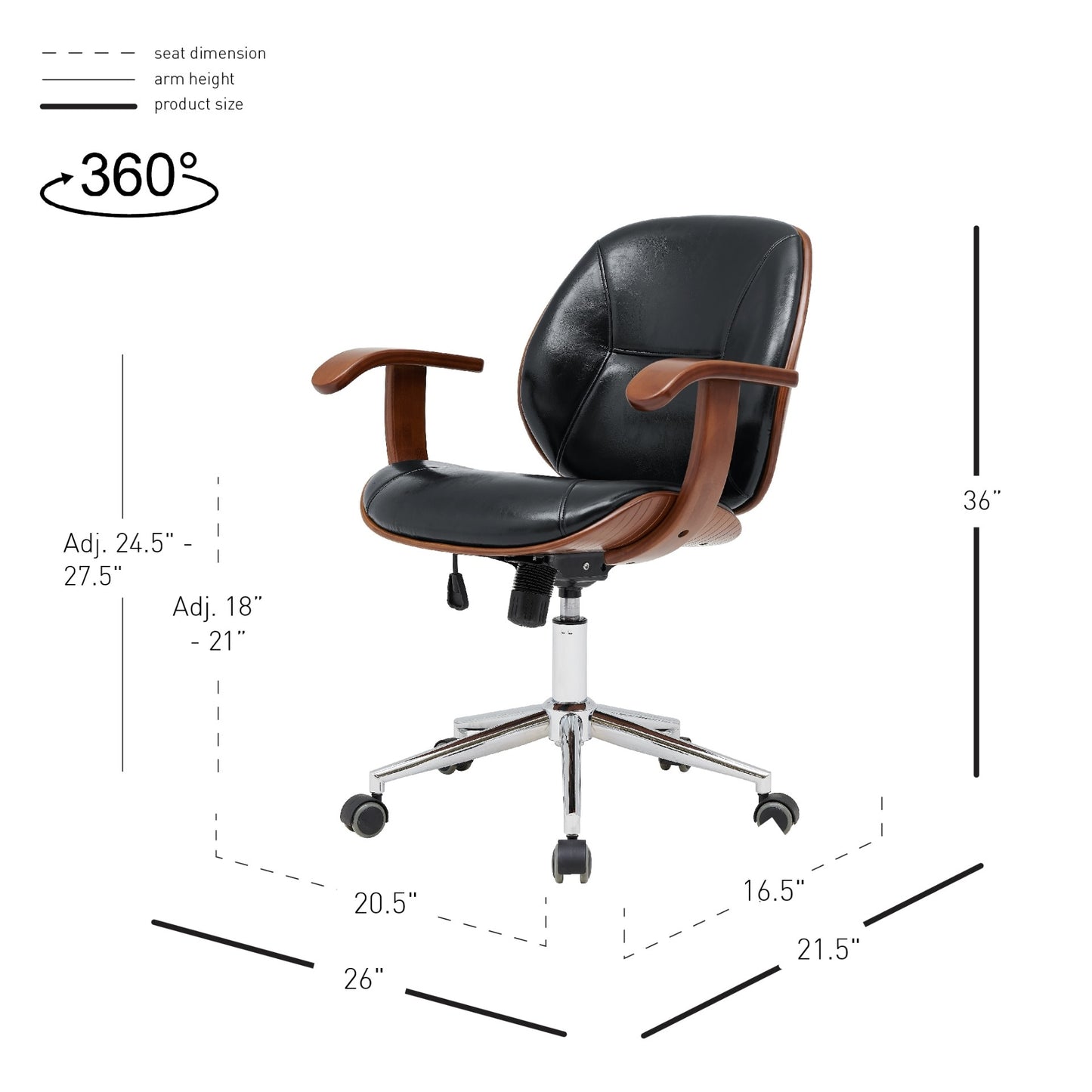 Samuel Office Chair Bamboo and Leather With Armrests Black