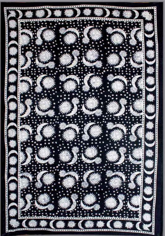Tapestry Twin Size Black & White Design Sun, Moon & Stars