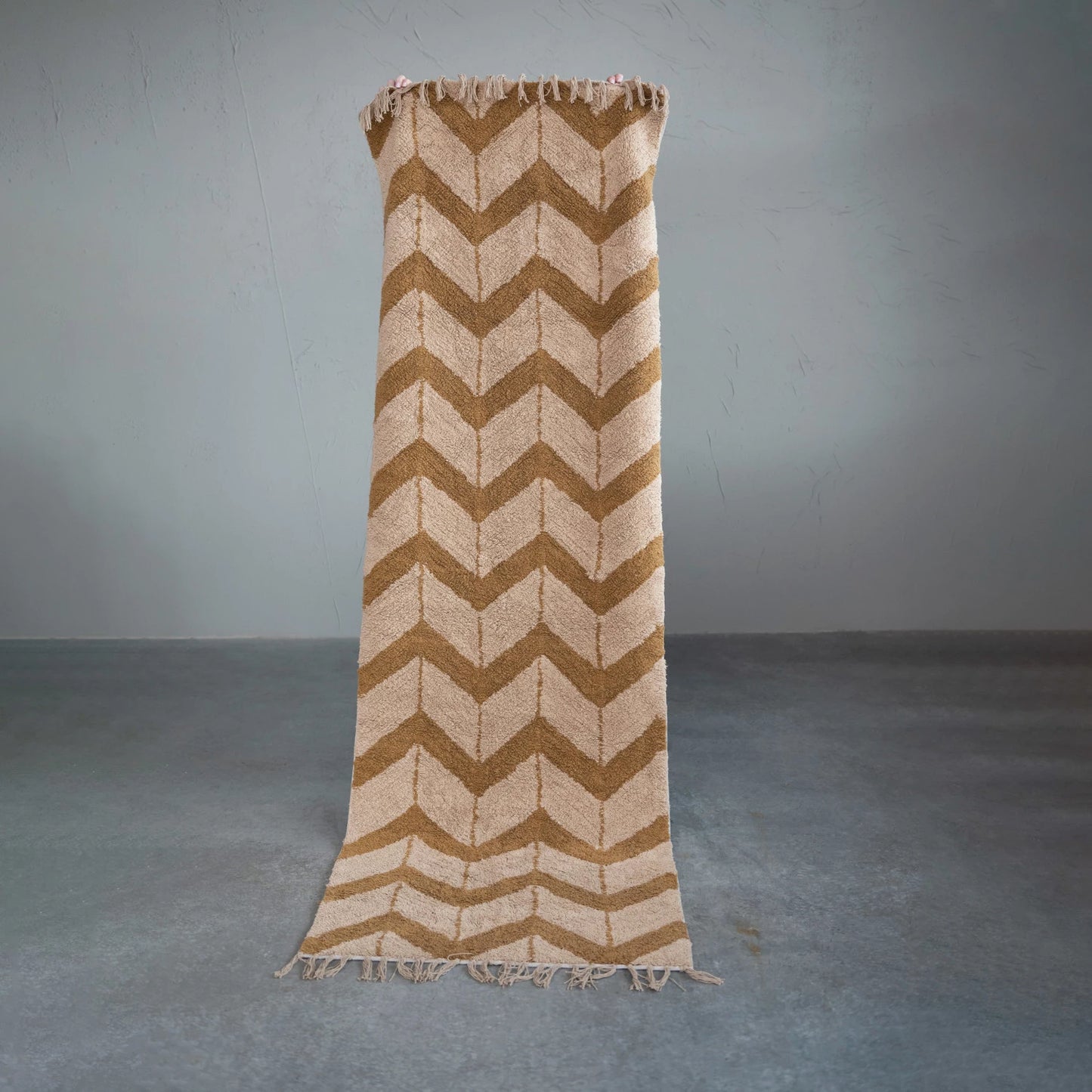 Rug Runner Cotton Tufted with Chevron Pattern and Fringe Tan & Brown