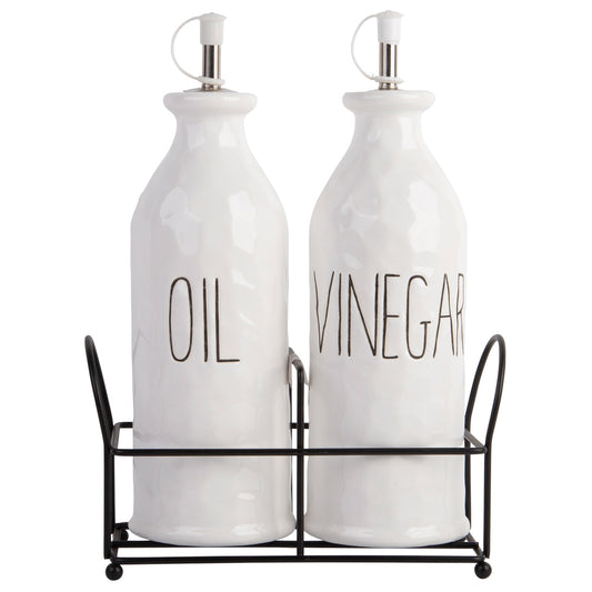 Salad Dressing Set - White Debossed Oil & Vinegar Bottles w/Metal Rack