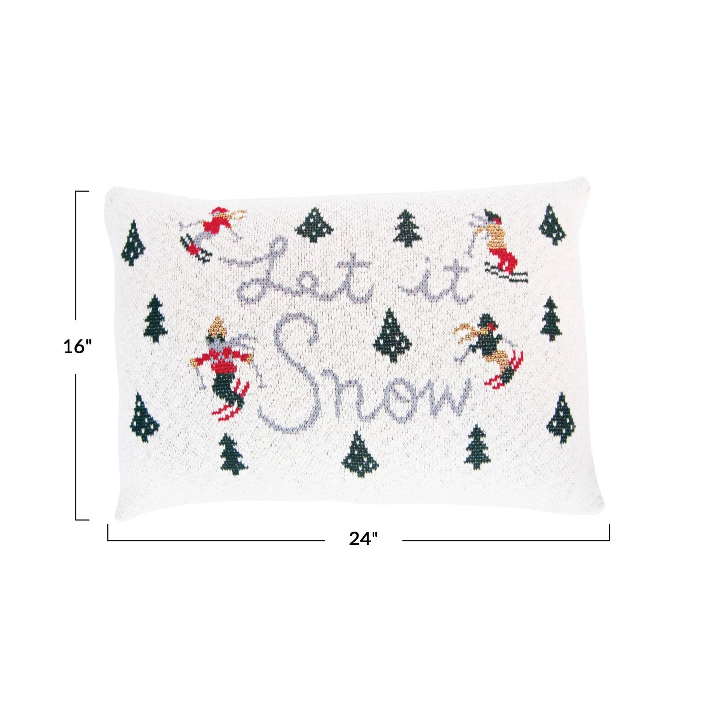 Pillow Lumbar Holiday Cotton Knit w/ Trees & Skiers "Let it Snow" 24"L x 16"H