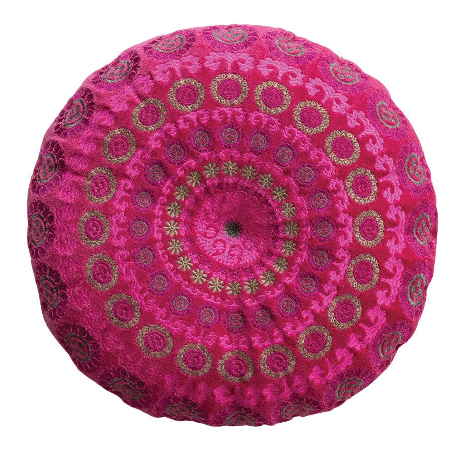 Pillow Round Cotton Velvet Embroidered Pink & Fuchsia 16"
