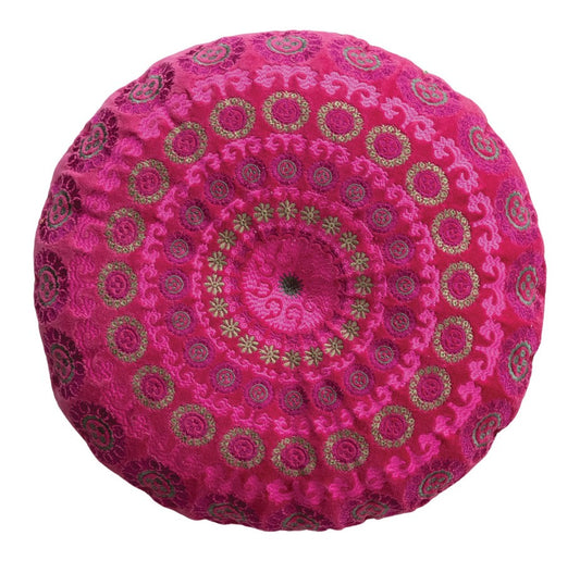 Pillow Round Cotton Velvet Embroidered Pink & Fuchsia 16"