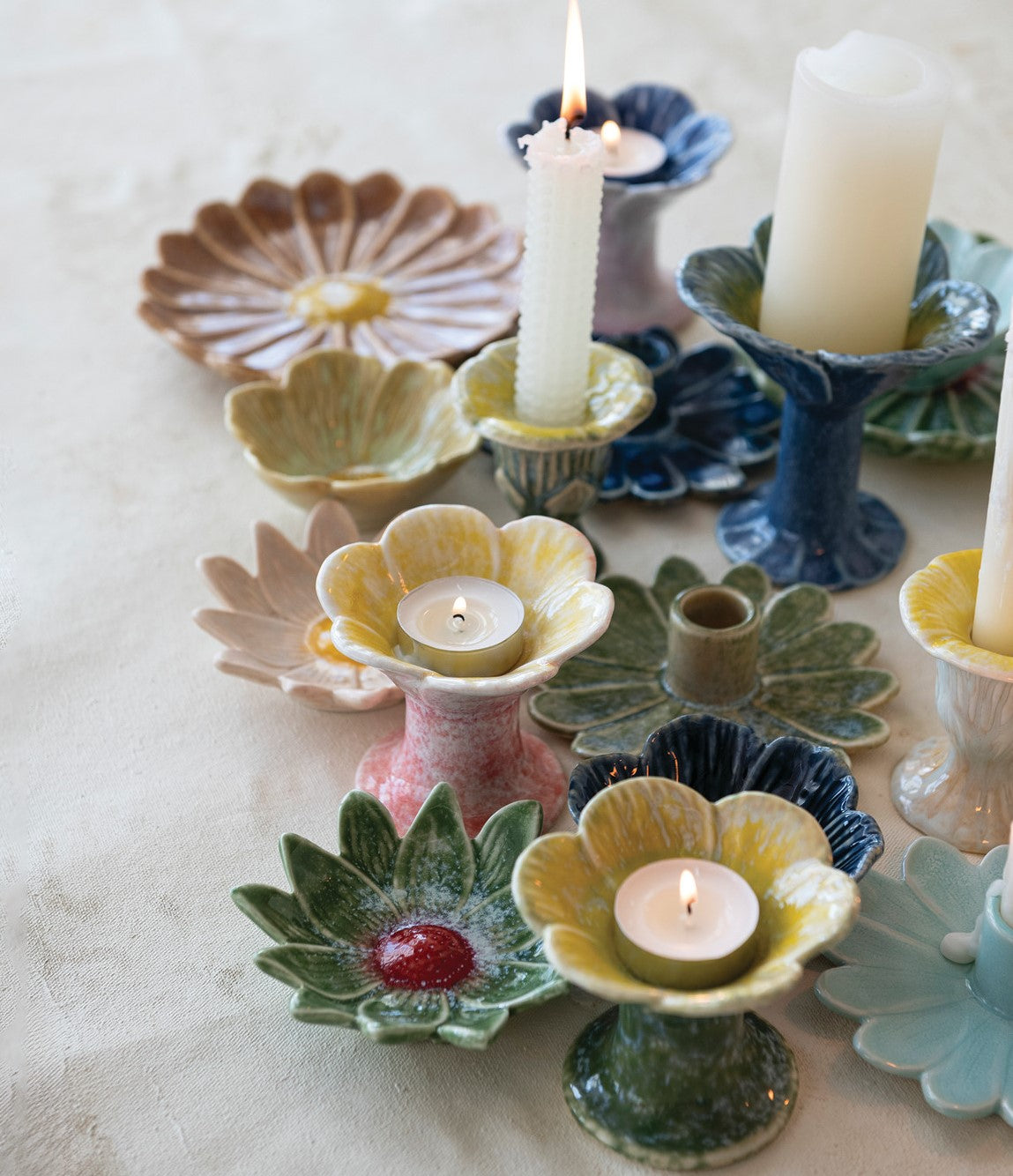 Taper Holder Stoneware Flower Shaped 3 Colors 5" Round (Sold Individually)