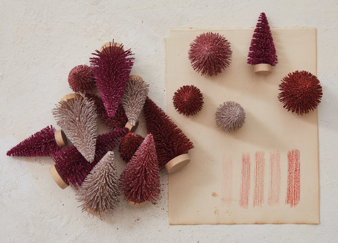 Bottle Brush Trees - Boxed Set of 16 - Burgundy & Pink 3"-4"h