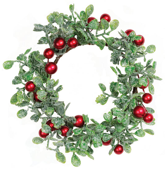 Candle Ring - Faux Glittered Boxwood w/ Red Berries