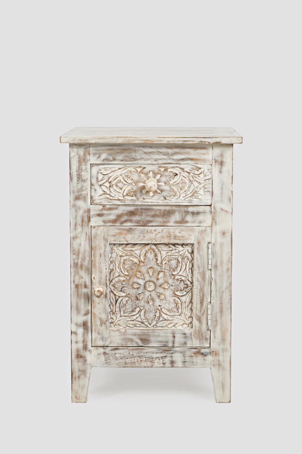 Global Archive Devi Accent Table Hand Carved Solid Mango Weathered White