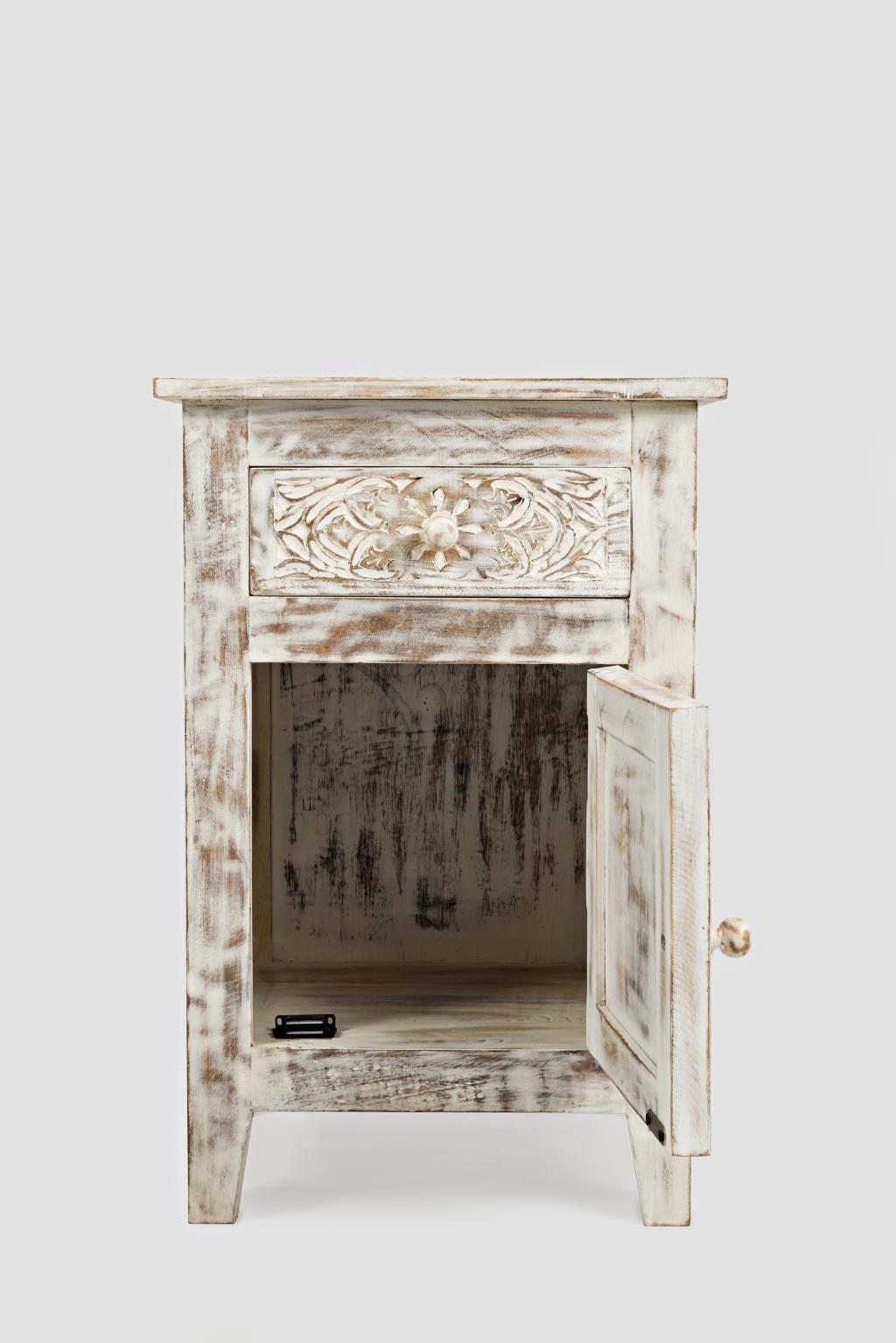 Global Archive Devi Accent Table Hand Carved Solid Mango Weathered White