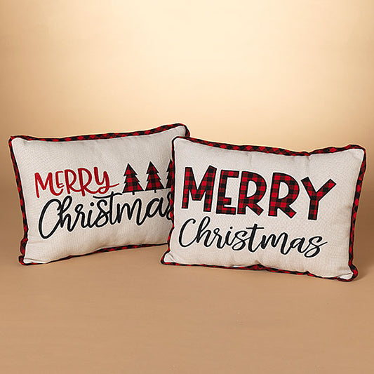 Pillow Holiday Embroidered Buffalo Check "Merry Christmas" 20" Long (Sold Individually)