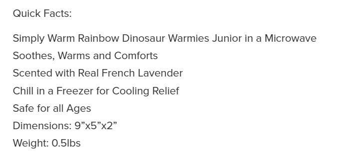 Warmies Junior Dinosaur Rainbow 9"
