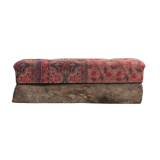 Bench Kantha Stitch Upholstered Trough Base Found Wood 40" W x 16"H