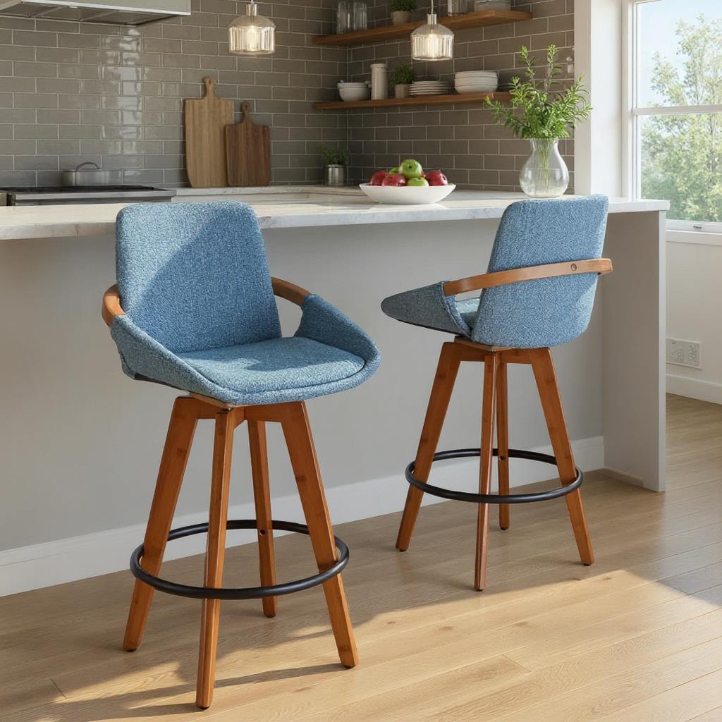 Cosmo Swivel Counter Stool Fabric Blue & Walnut Wood