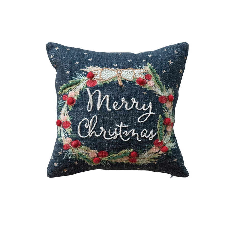 Pillow Holiday Wreath Embroidery "Merry Christmas" Beads & Pom Poms Printed Multi Color 12" Square