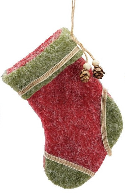 Ornament - Polyester Felt - Stocking with Pinecone - 6.25"h