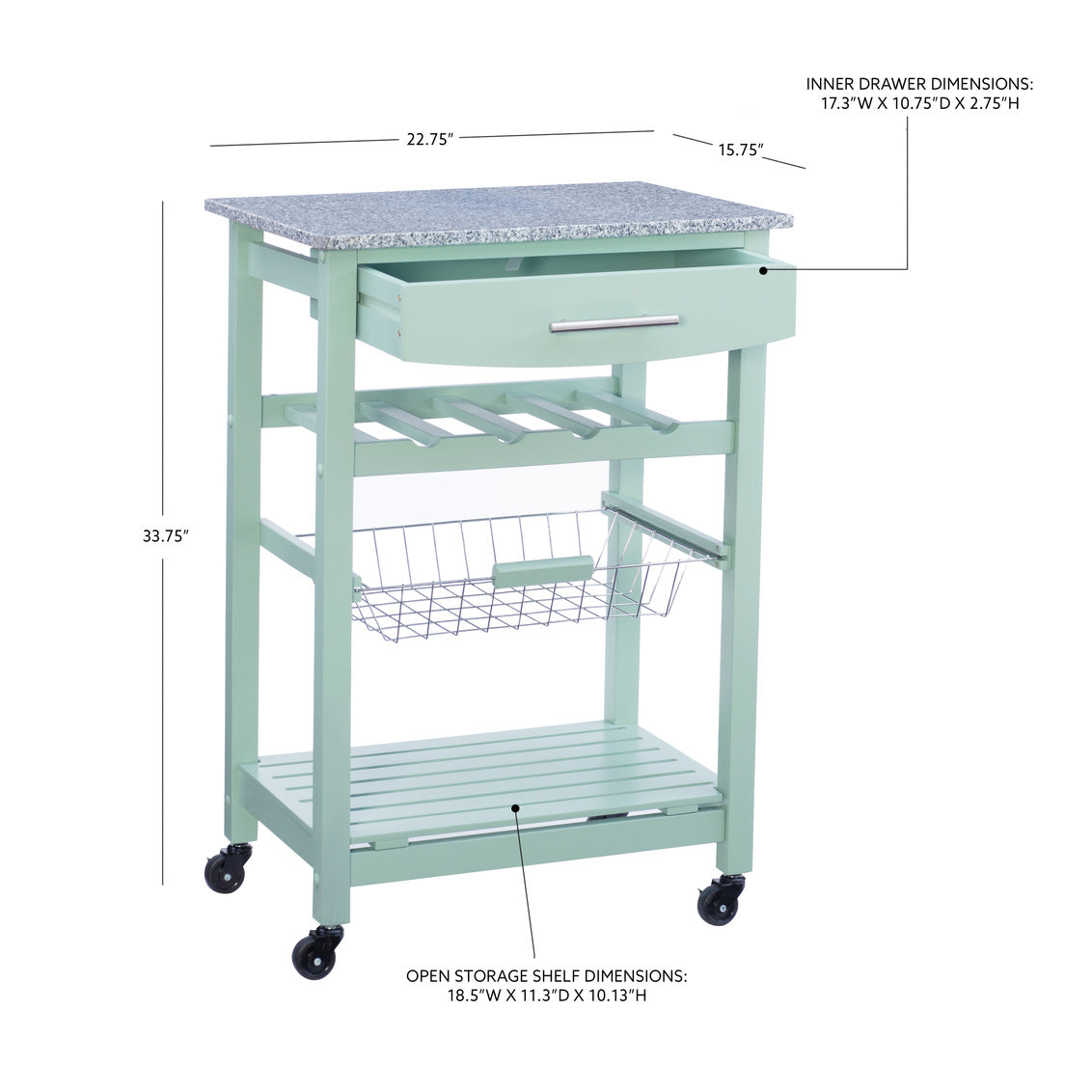 Zoey Kitchen Cart Granite Top Green Base