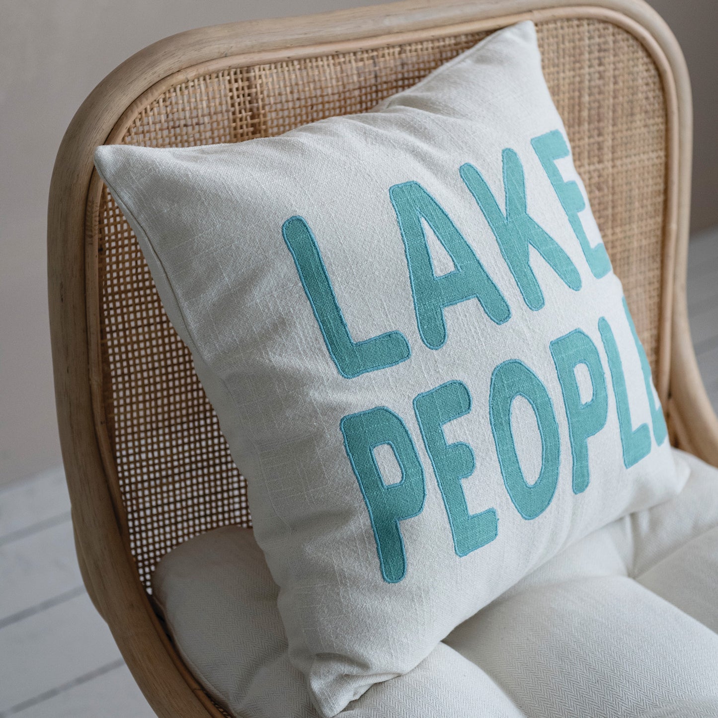 Pillow Cotton "Lake People" White with Blue Lettering