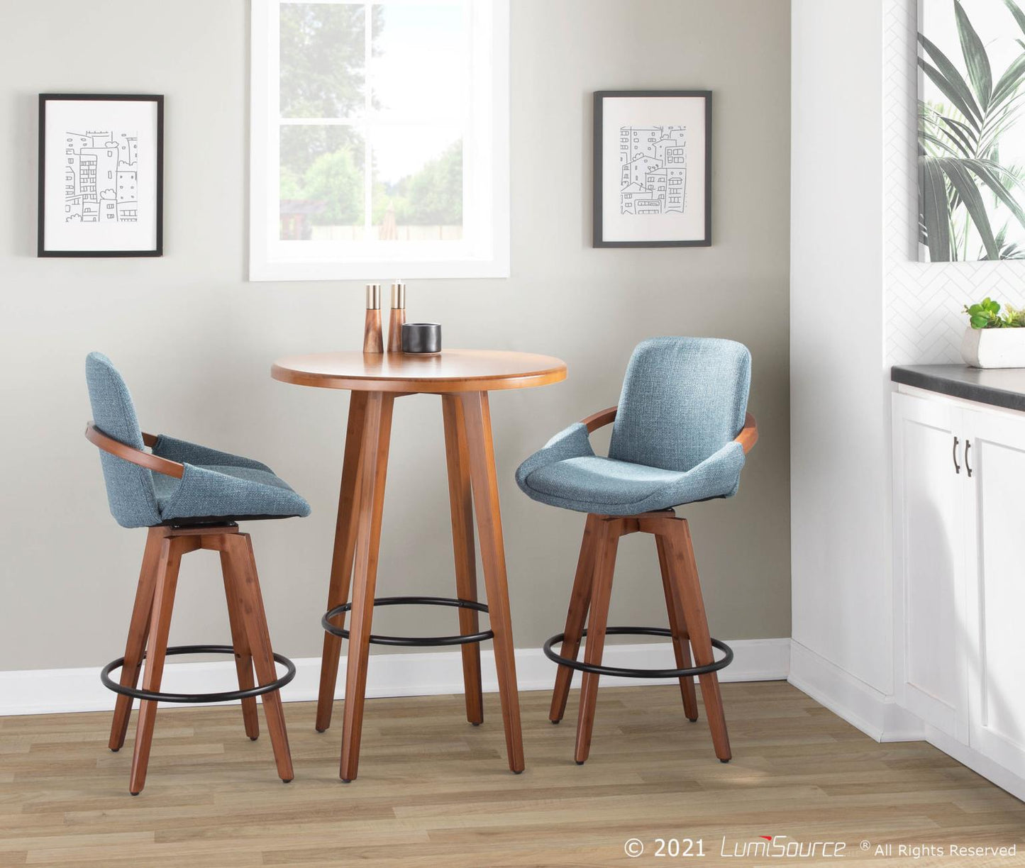 Cosmo Swivel Counter Stool Fabric Blue & Walnut Wood