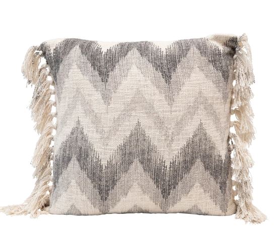 Pillow Stonewashed Cotton Slub Chevron Zig Zag Print With Fringe 20" Square