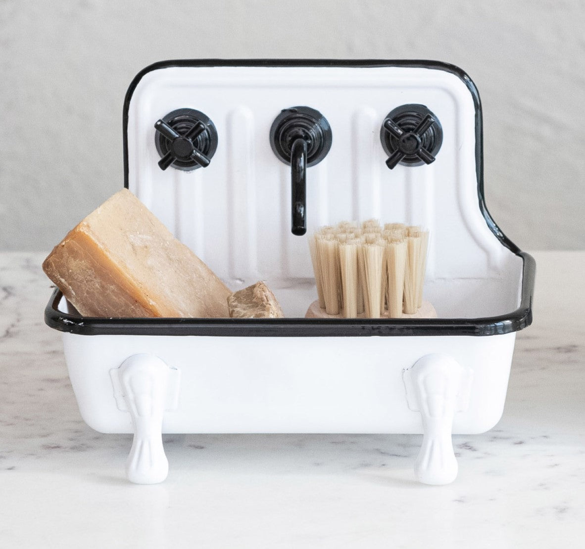 Soap Dish Metal Sink w/ Faucet, White & Black