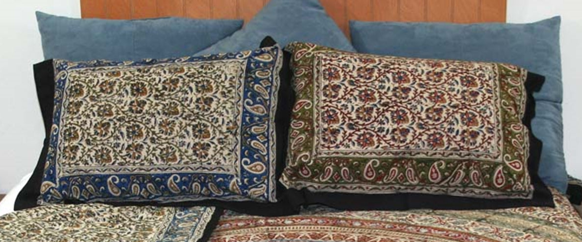 Pillow Sham Circle Kalamkari Blue/Gold Reverses To Red/Green