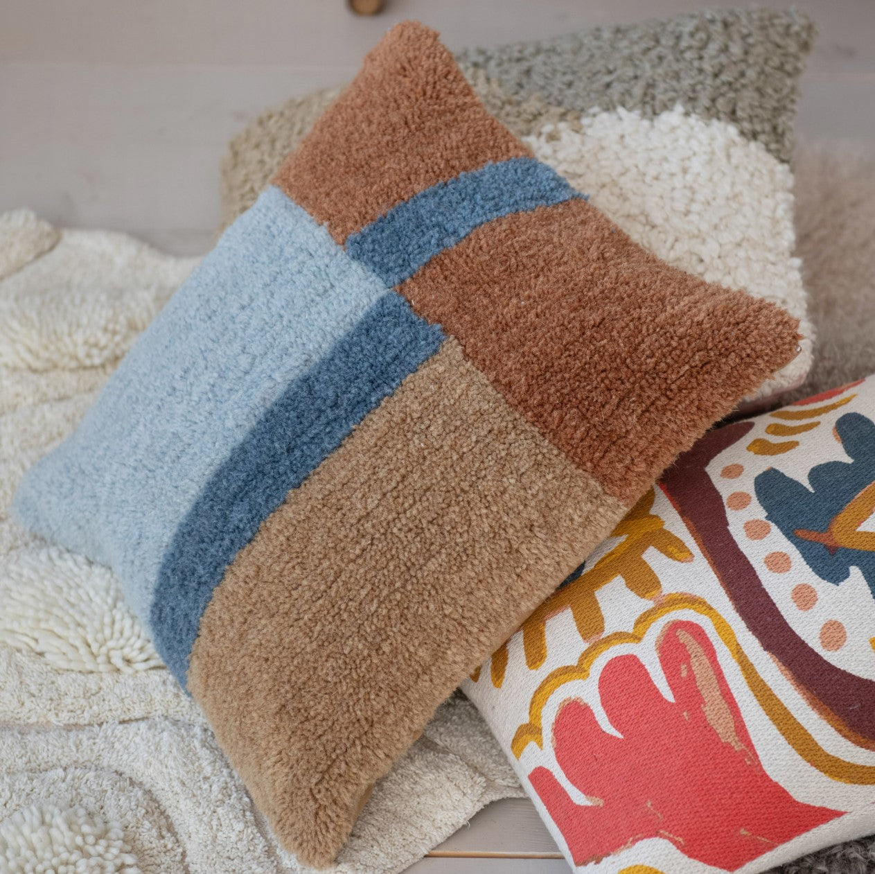 Pillow Wool & Cotton Browns & Blues 18" Square