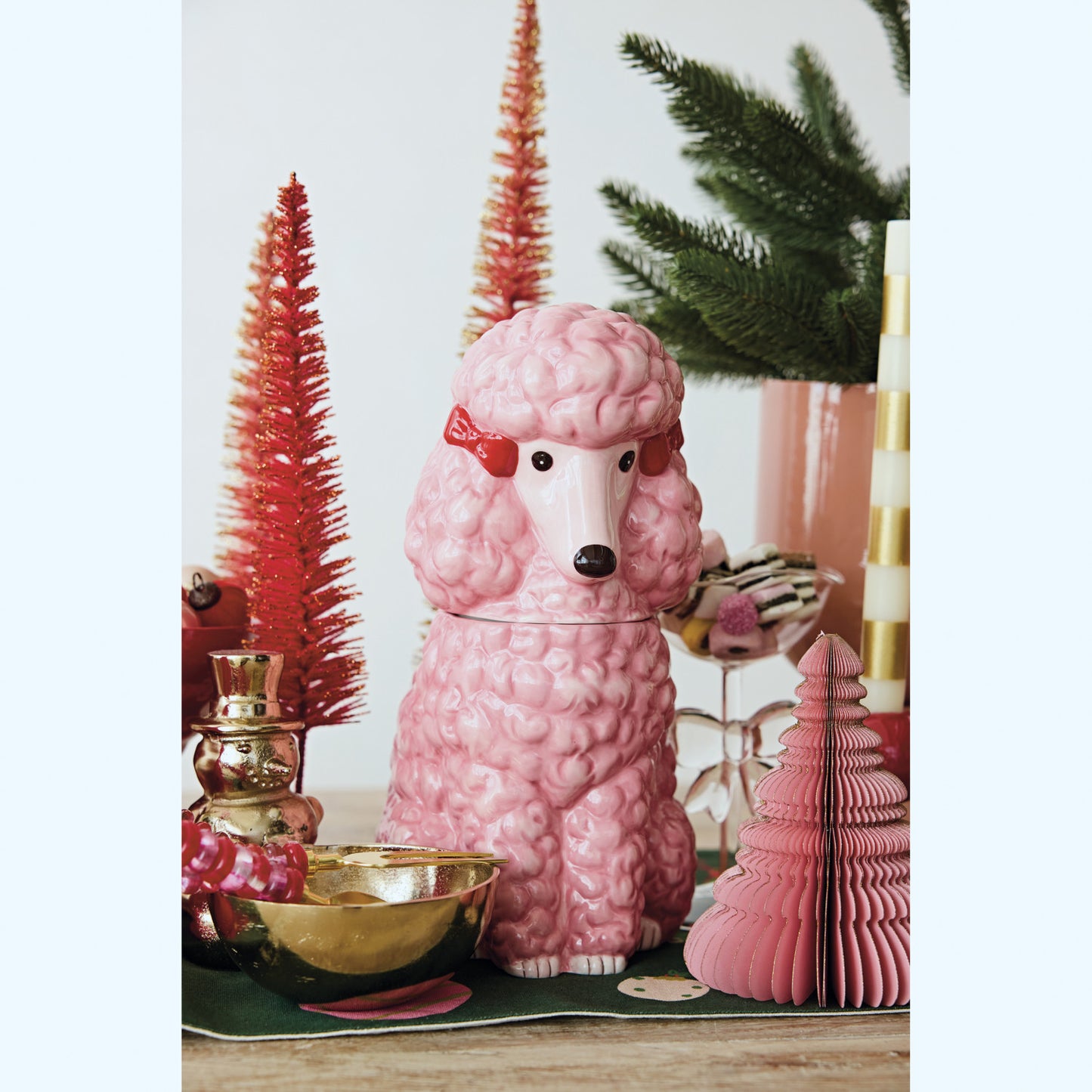 Jar with Cover Ceramic Poodle Shaped Pink with Red Bows 11.75"h
