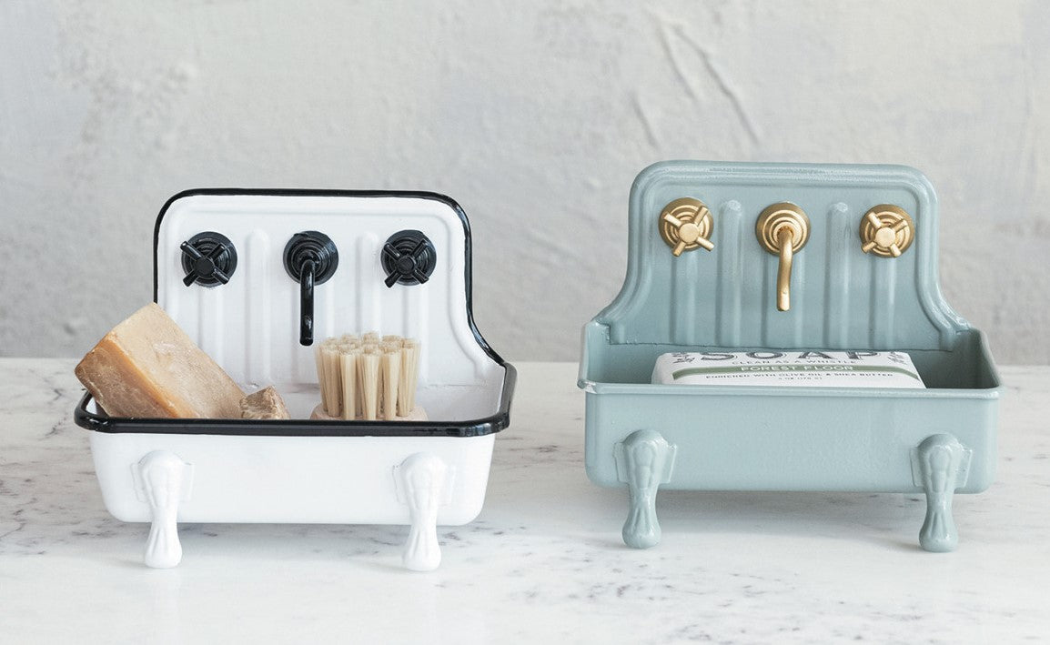 Soap Dish Metal Sink w/ Faucet, White & Black