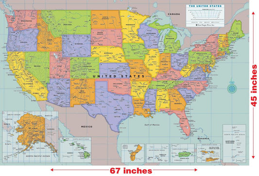 Wall Map Laminated USA 67"Wx45"H