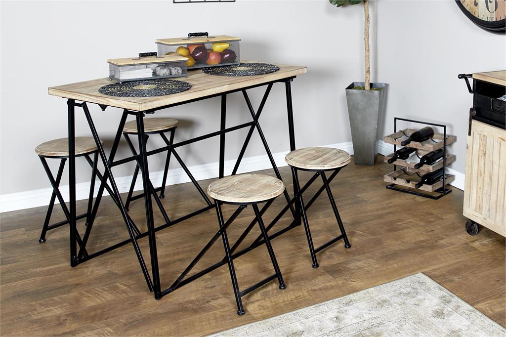Light Brown Wood Folding Dining Table With Black Metal