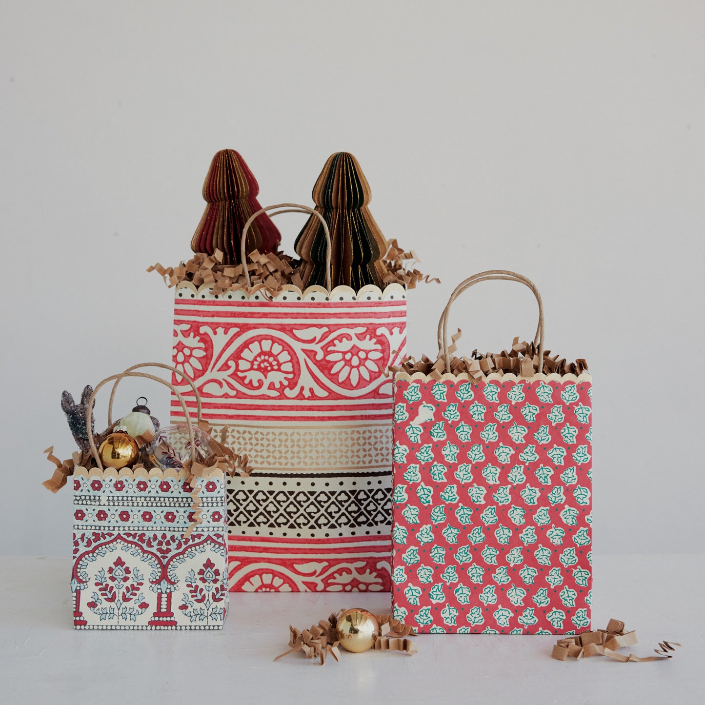 Gift Bag Handmade Recycled Scalloped Paper Vintage Pattern