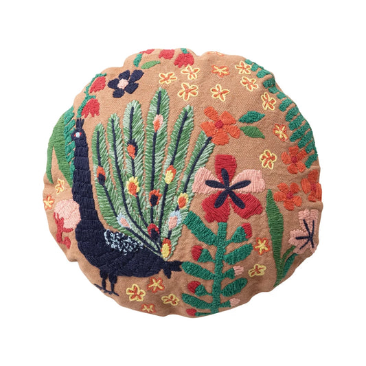 Pillow Peacock and Flowers Tufted w/ Embroidery 16" Round