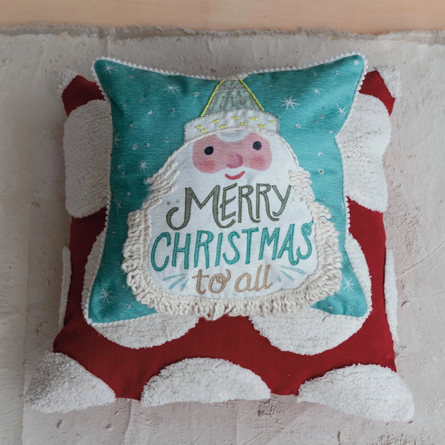 Pillow Holiday Pom Pom Trim Printed Santa Turquoise & Gold 12" Square