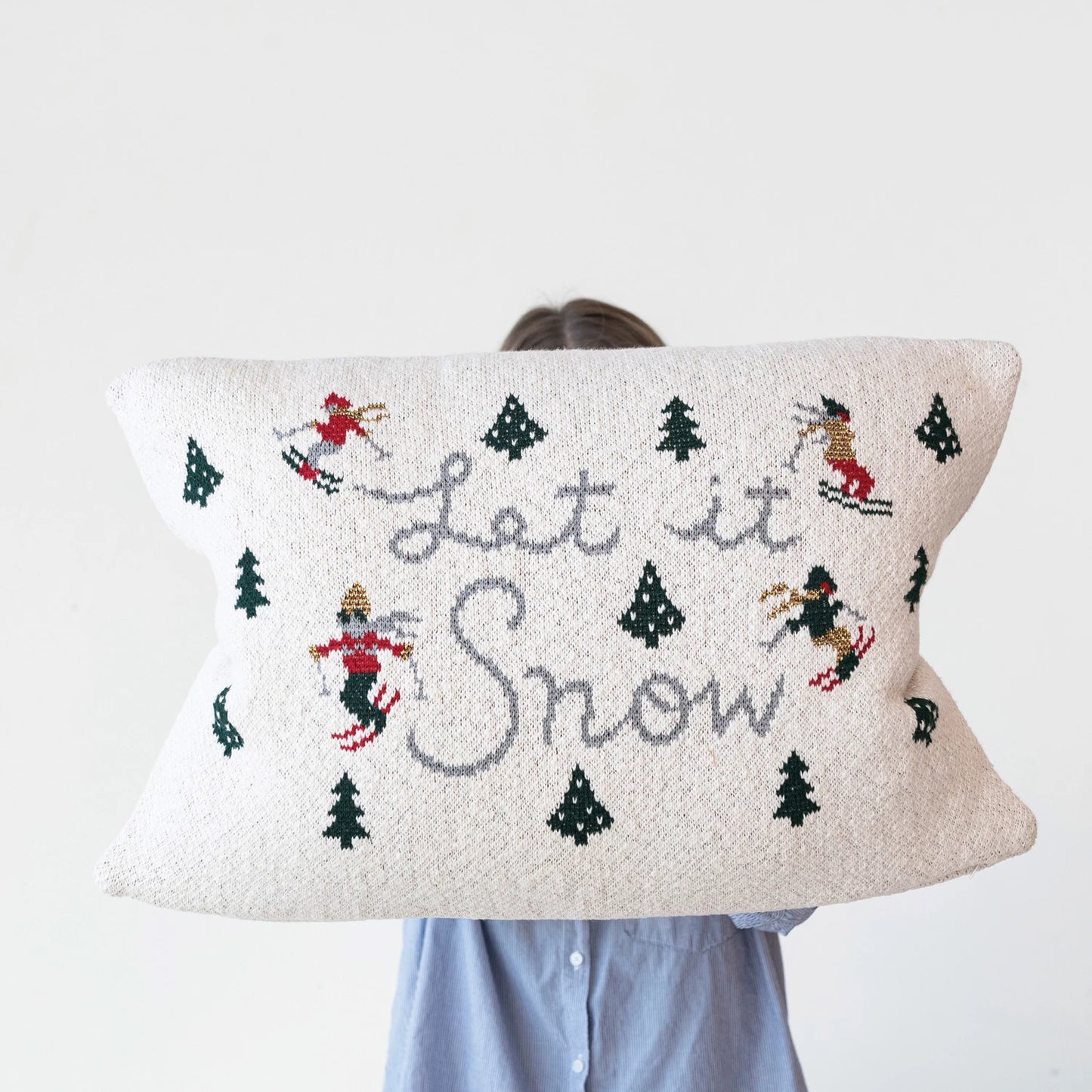 Pillow Lumbar Holiday Cotton Knit w/ Trees & Skiers "Let it Snow" 24"L x 16"H