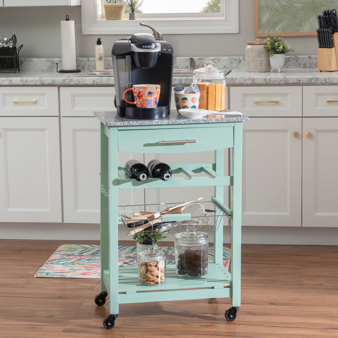 Zoey Kitchen Cart Granite Top Green Base