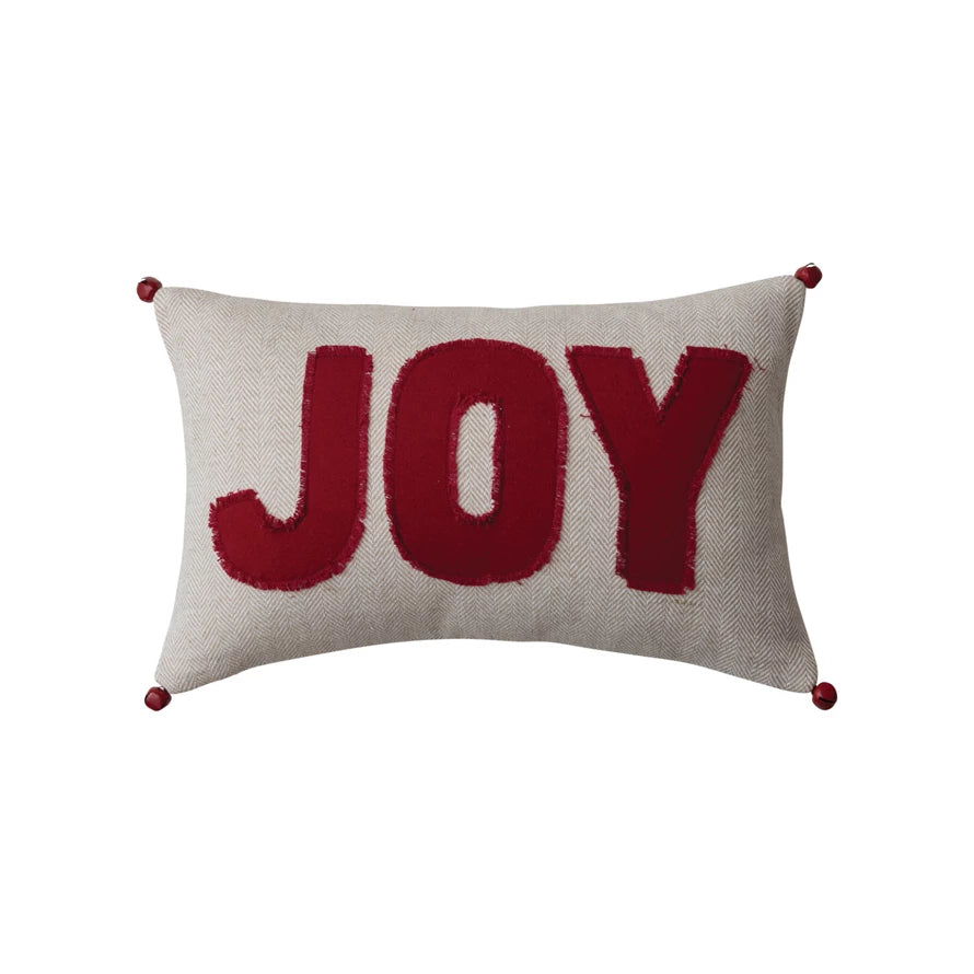 Pillow Lumbar Holiday Woven Cotton w/ Appliqued Joy with Jingle Bells