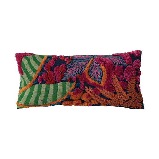Throw Pillow Lumbar Embroidered Indoor/Outdoor Tufted Botanicals 27" x 12"